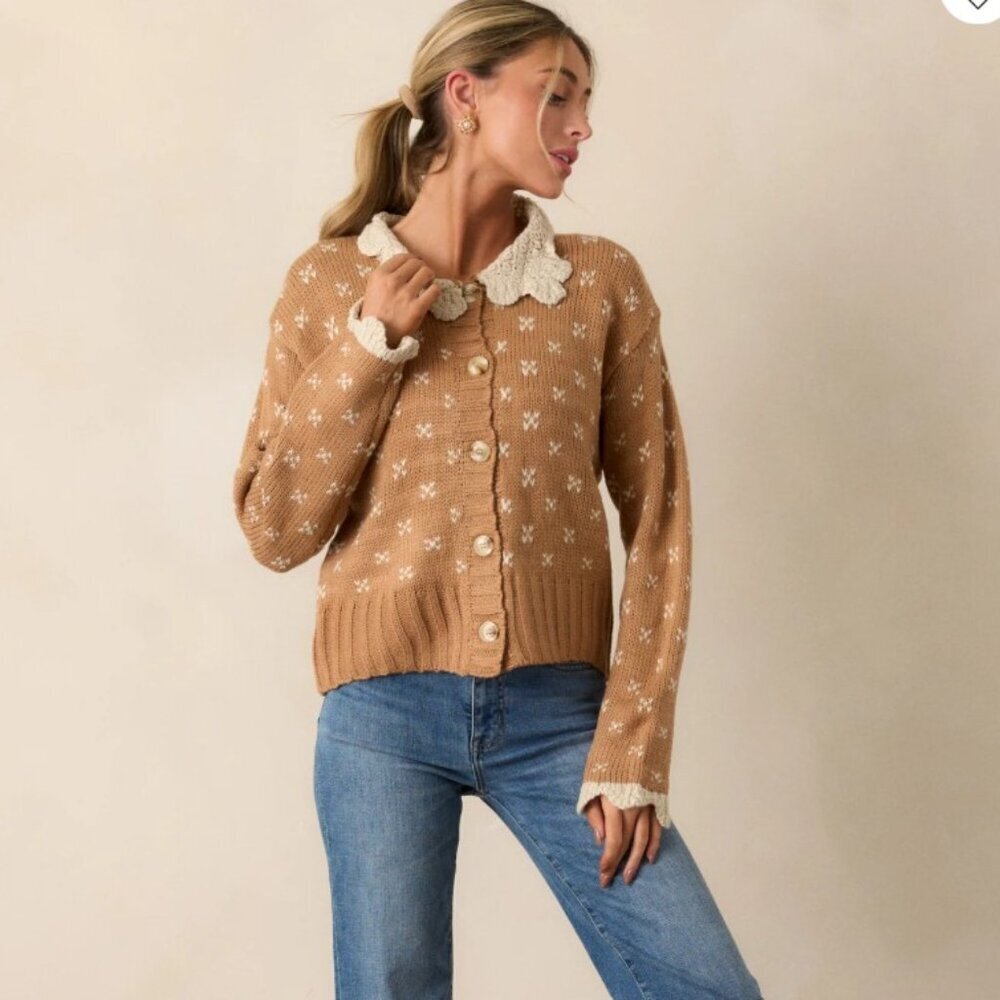 &Merci Lost in the Story Honey Knit Cardigan Cottage Core Peter Pan Collar Sz L